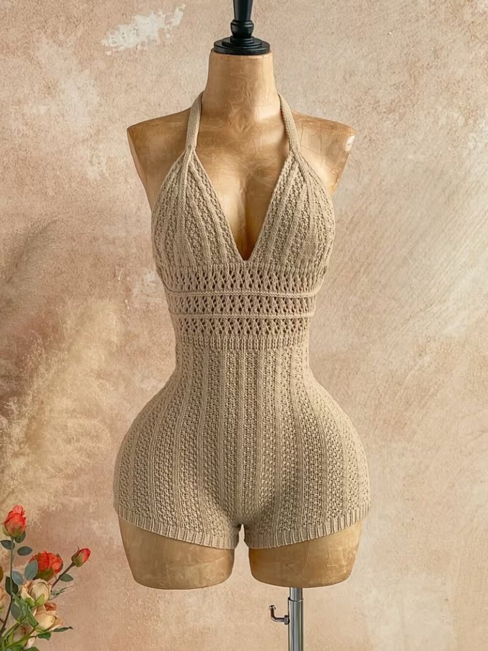 Halter neck crochet bodysuit in tan, Small, NWOT